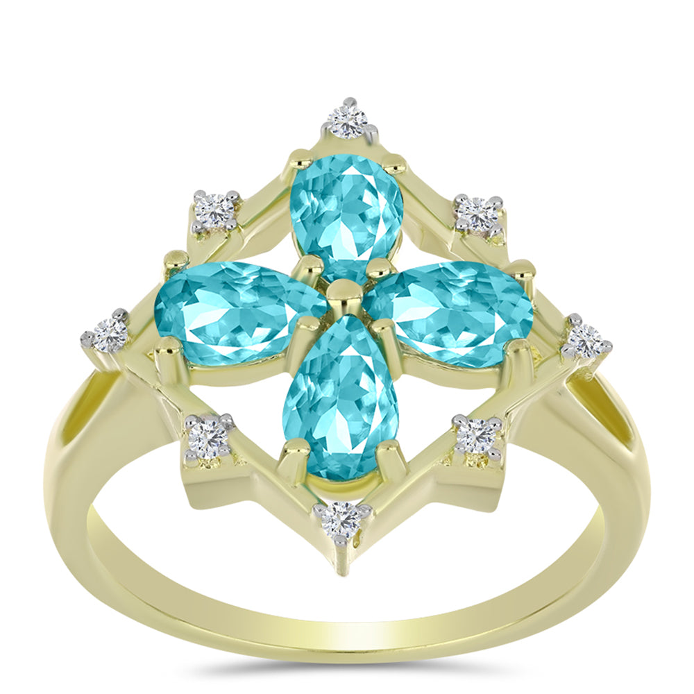 Inel din Argint 925 Placat cu Aur ( 3.38 grame ) cu Cuarț Paraiba și Topaz Alb 1.41 Carate 3 