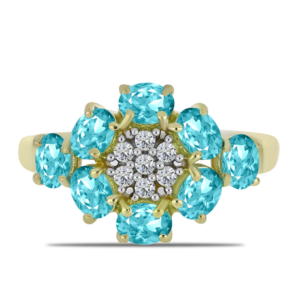 Inel din Argint 925 Placat cu Aur ( 2.98 grame ) cu Cuarț Paraiba și Topaz Alb 1.3 Carate