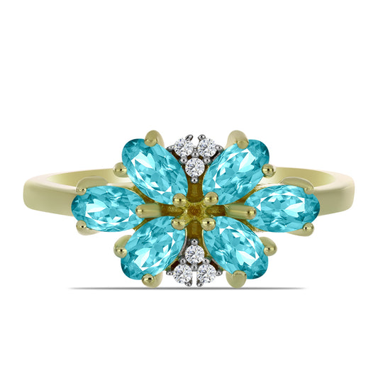Inel din Argint 925 Placat cu Aur ( 2.75 grame ) cu Cuarț Paraiba și Topaz Alb 1.18 Carate