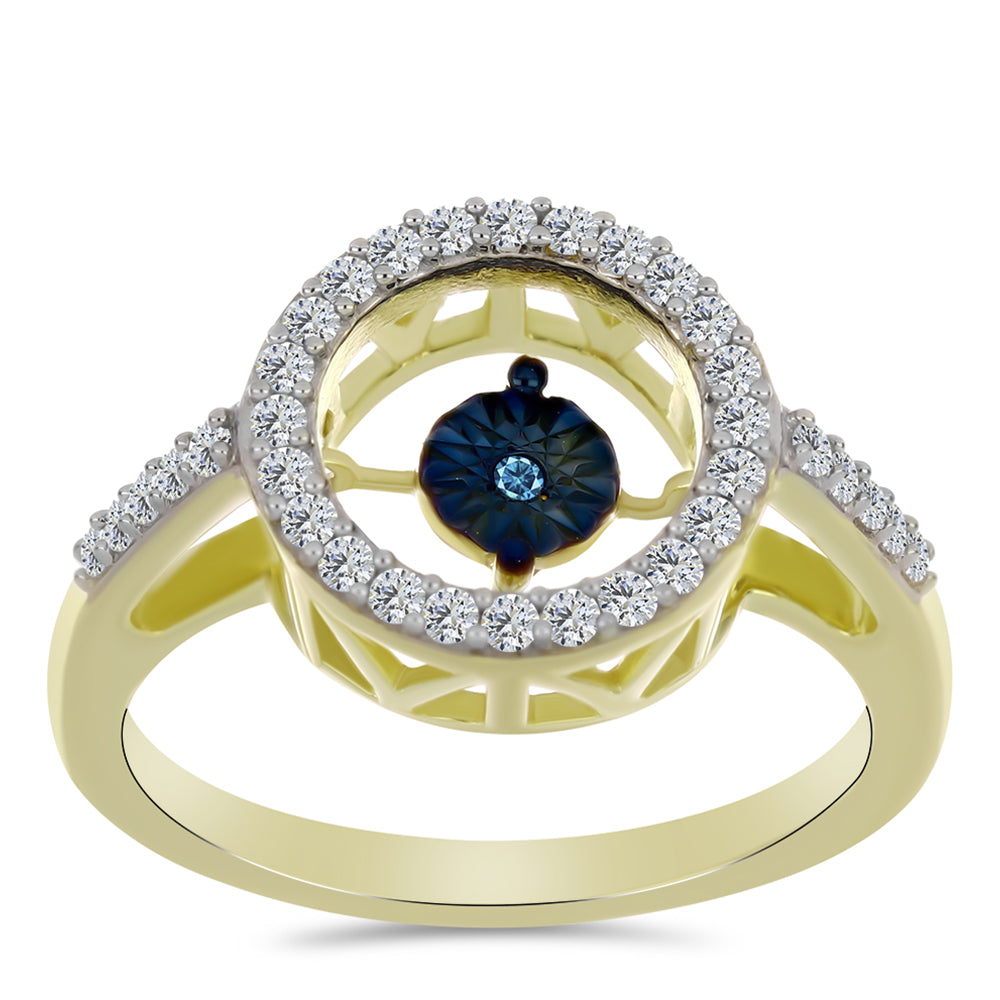 Inel din Argint 925 Placat cu Aur ( 2.99 grame ) cu Diamant Albastru Dansator și Topaz Alb 0.31 Carate 3 