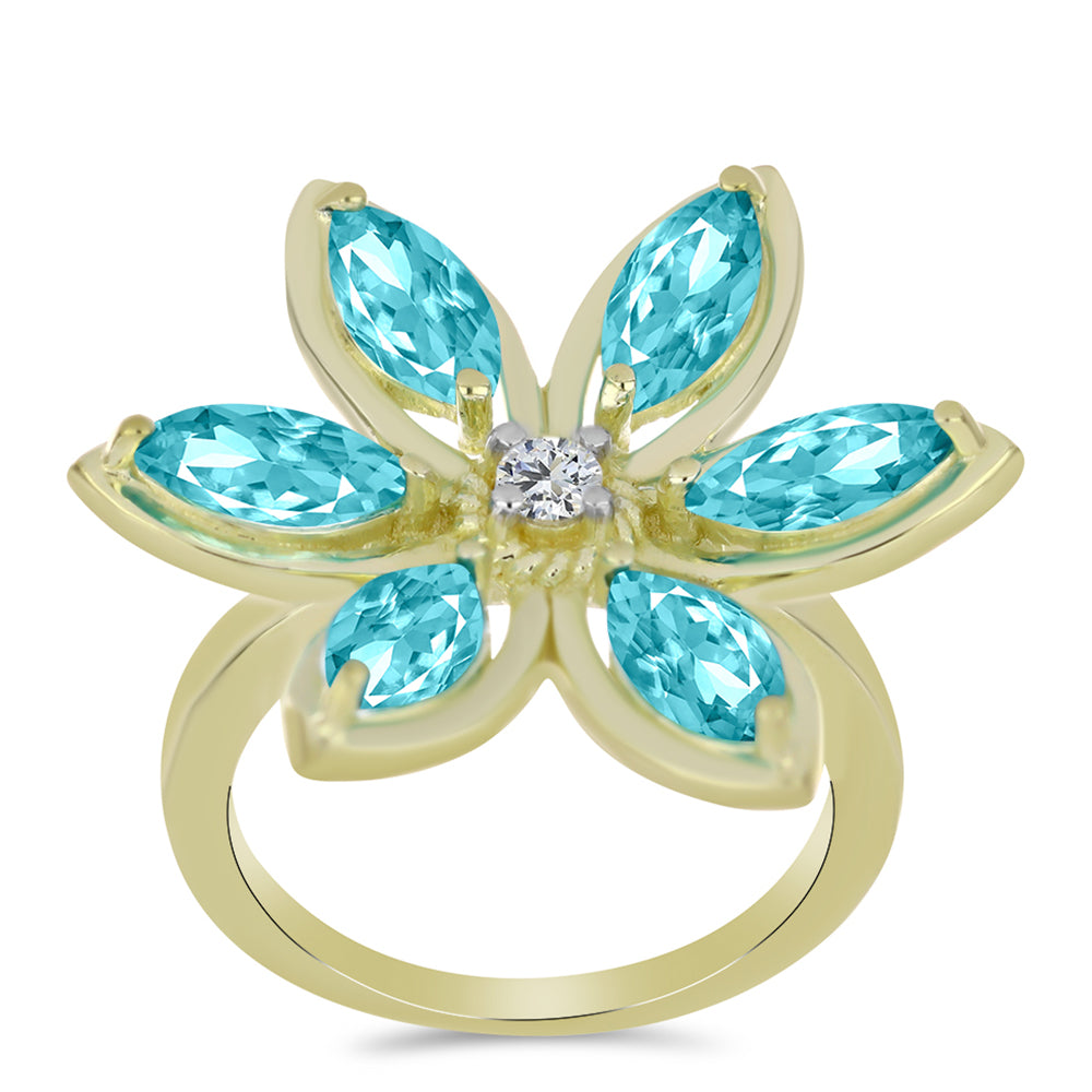 Inel din Argint 925 Placat cu Aur ( 4.86 grame ) cu Cuarț Paraiba și Topaz Alb 2.68 Carate