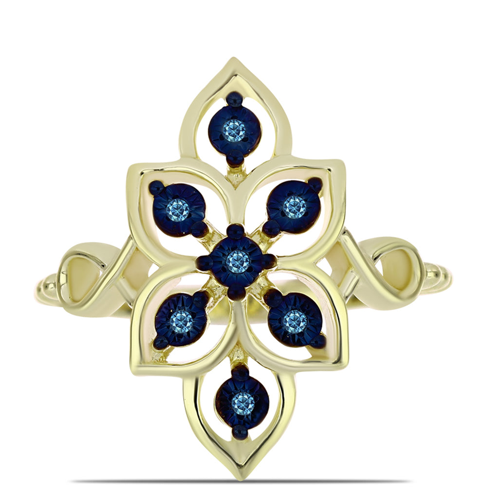Inel din Argint 925 Placat cu Aur ( 4.27 grame ) cu Diamant Albastru Dansator 0.06 Carate 1 