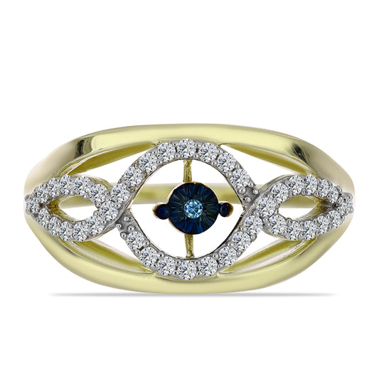 Inel din Argint 925 Placat cu Aur ( 3.71 grame ) cu Diamant Albastru Dansator și Topaz Alb 0.38 Carate