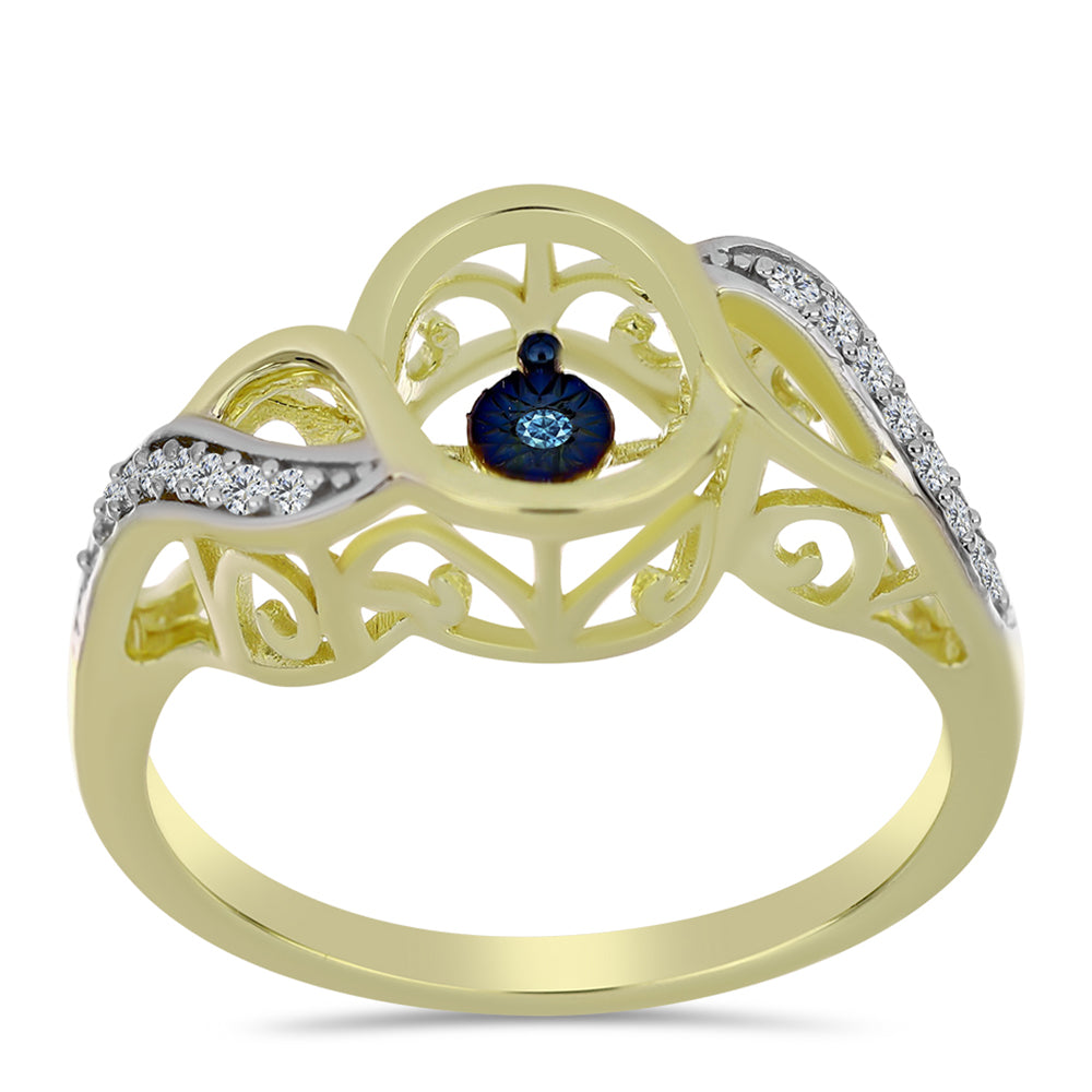 Inel din Argint 925 Placat cu Aur ( 3.37 grame ) cu Diamant Albastru Dansator și Topaz Alb 0.15 Carate 3 