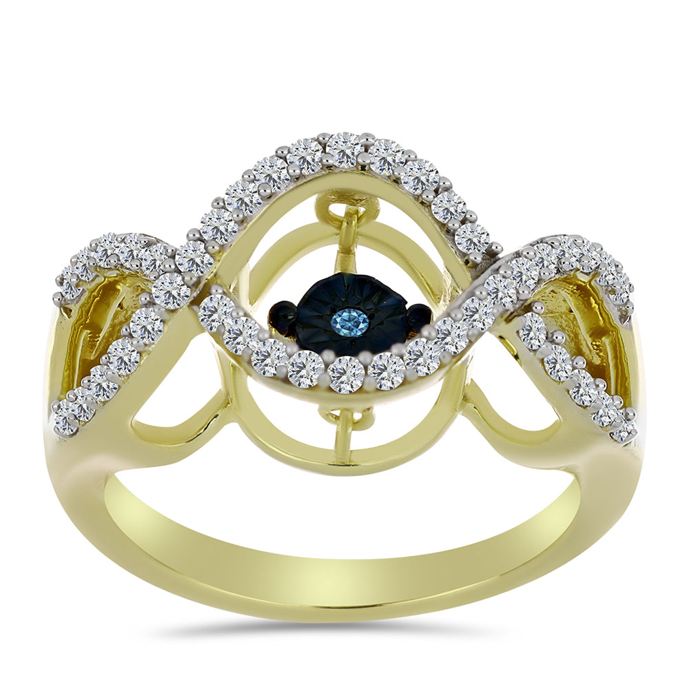 Inel din Argint 925 Placat cu Aur ( 3.8 grame ) cu Diamant Albastru Dansator și Topaz Alb 0.39 Carate