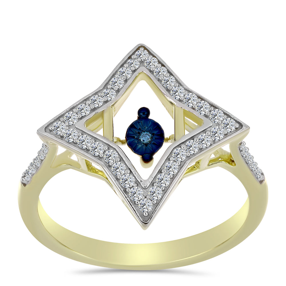 Inel din Argint 925 Placat cu Aur ( 3.25 grame ) cu Diamant Albastru Dansator și Topaz Alb 0.39 Carate
