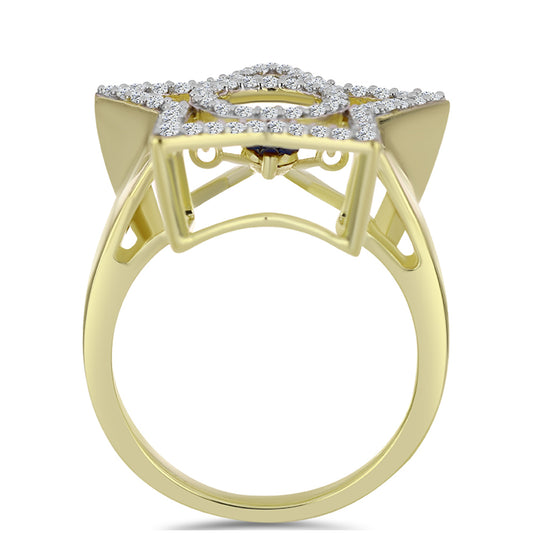 Inel din Argint 925 Placat cu Aur ( 4.96 grame ) cu Diamant Albastru Dansator și Topaz Alb 0.58 Carate