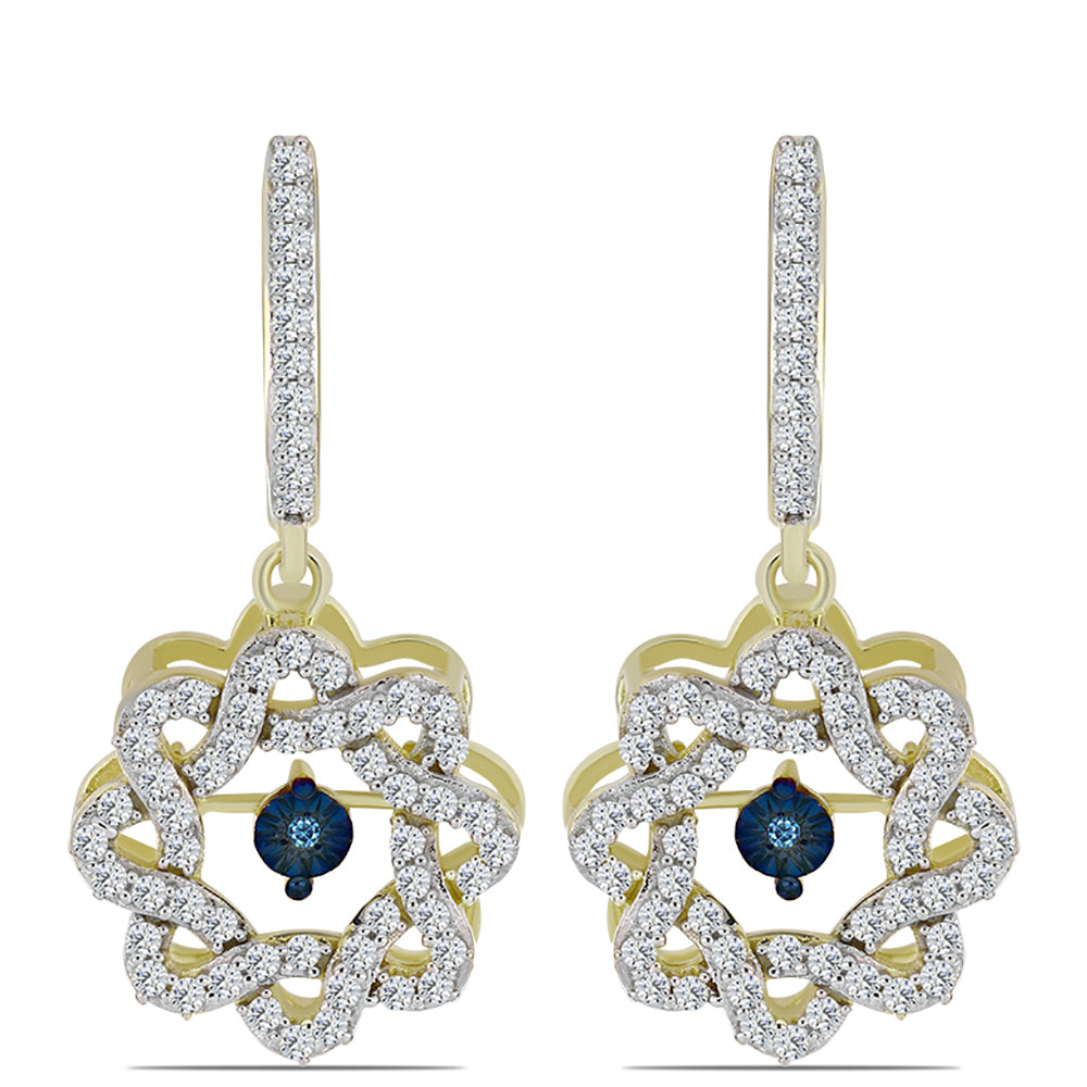 Cercei din Argint 925 Placat cu Aur ( 5.52 grame ) cu Diamant Albastru Dansator și Topaz Alb 1.06 Carate