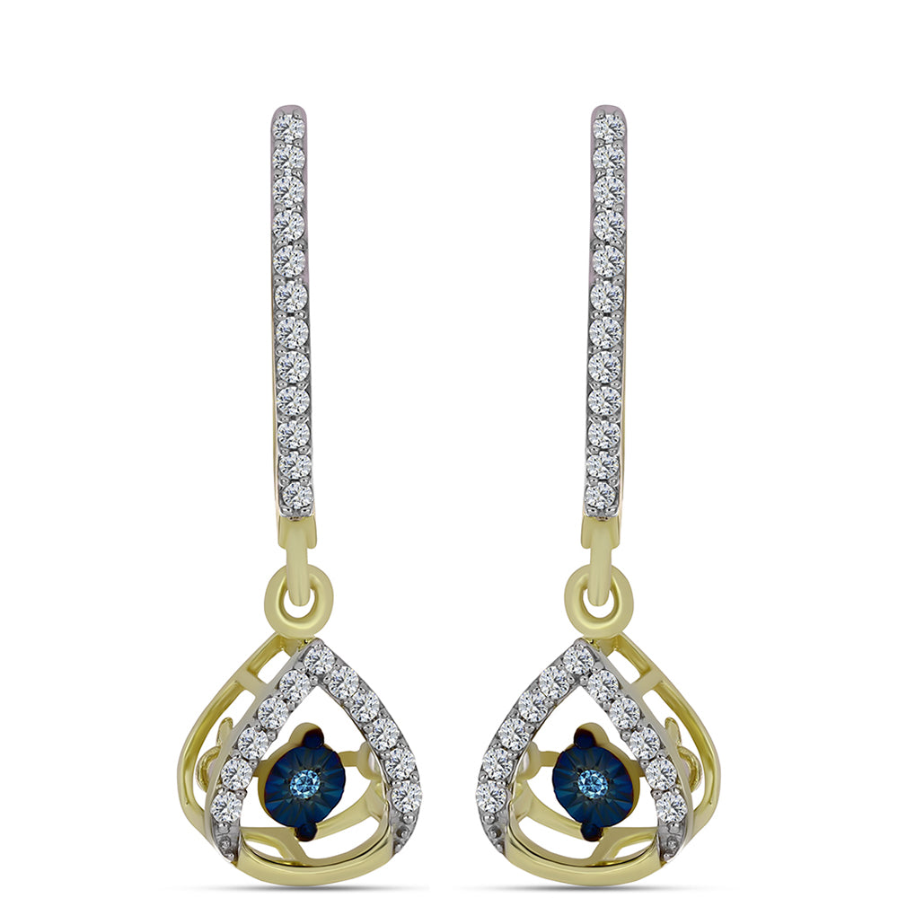 Cercei din Argint 925 Placat cu Aur ( 3.31 grame ) cu Diamant Albastru Dansator și Topaz Alb 0.43 Carate 3 