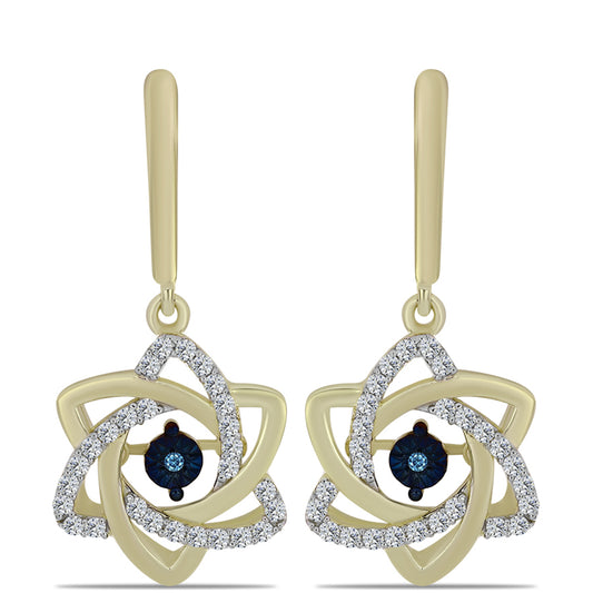 Cercei din Argint 925 Placat cu Aur ( 4.83 grame ) cu Diamant Albastru Dansator și Topaz Alb 0.5 Carate
