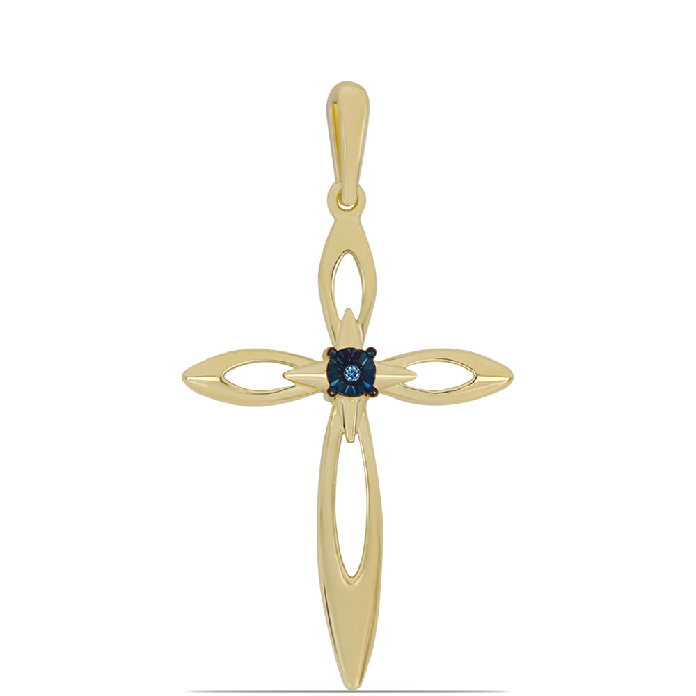 Cruce Pandantiv din Argint 925 Placat cu Aur ( 2.24 grame ) cu Diamant Albastru Dansator 0.01 Carate