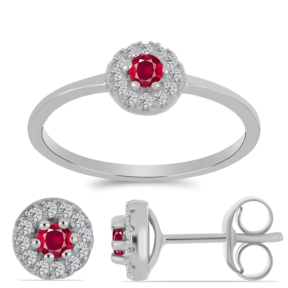 Set din Argint 925 ( 2.91 grame ) cu Rubin Malagasy și Topaz Alb 0.78 Carate ( Cercei+Inel )