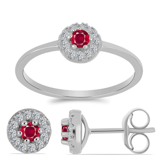 Set din Argint 925 ( 2.91 grame ) cu Rubin Malagasy și Topaz Alb 0.78 Carate ( Cercei+Inel )