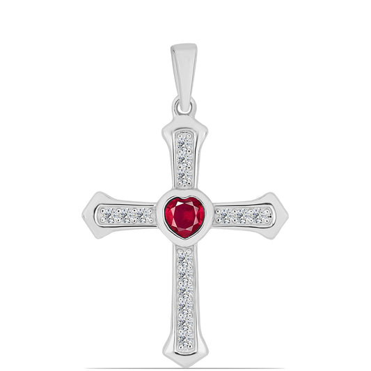 Cruce Pandantiv din Argint 925 ( 2.18 grame ) cu Rubin Malagasy și Topaz Alb 0.63 Carate
