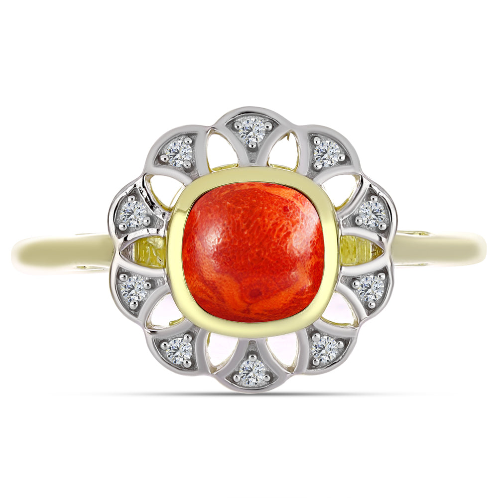 Inel din Argint 925 Placat cu Aur ( 2.87 grame ) cu Coral Roșu Burete și Topaz Alb 1.05 Carate 1 