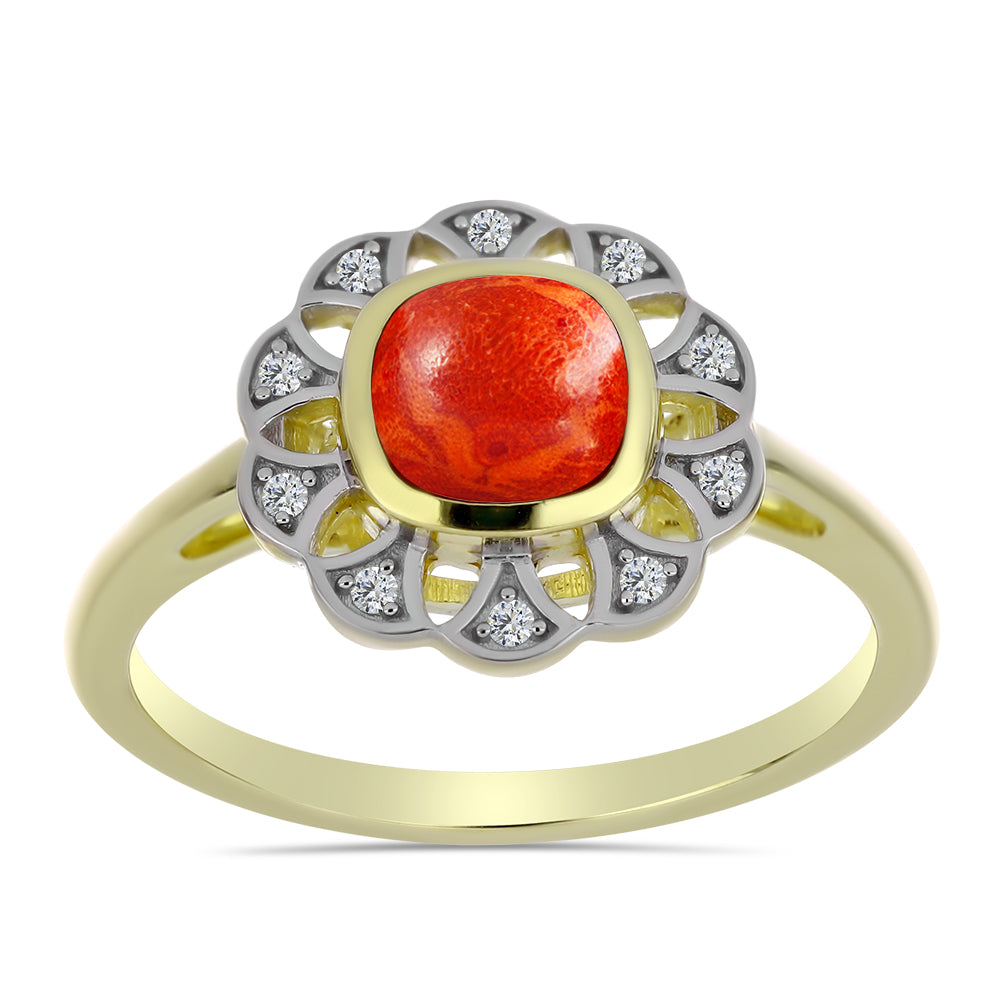 Inel din Argint 925 Placat cu Aur ( 2.87 grame ) cu Coral Roșu Burete și Topaz Alb 1.05 Carate
