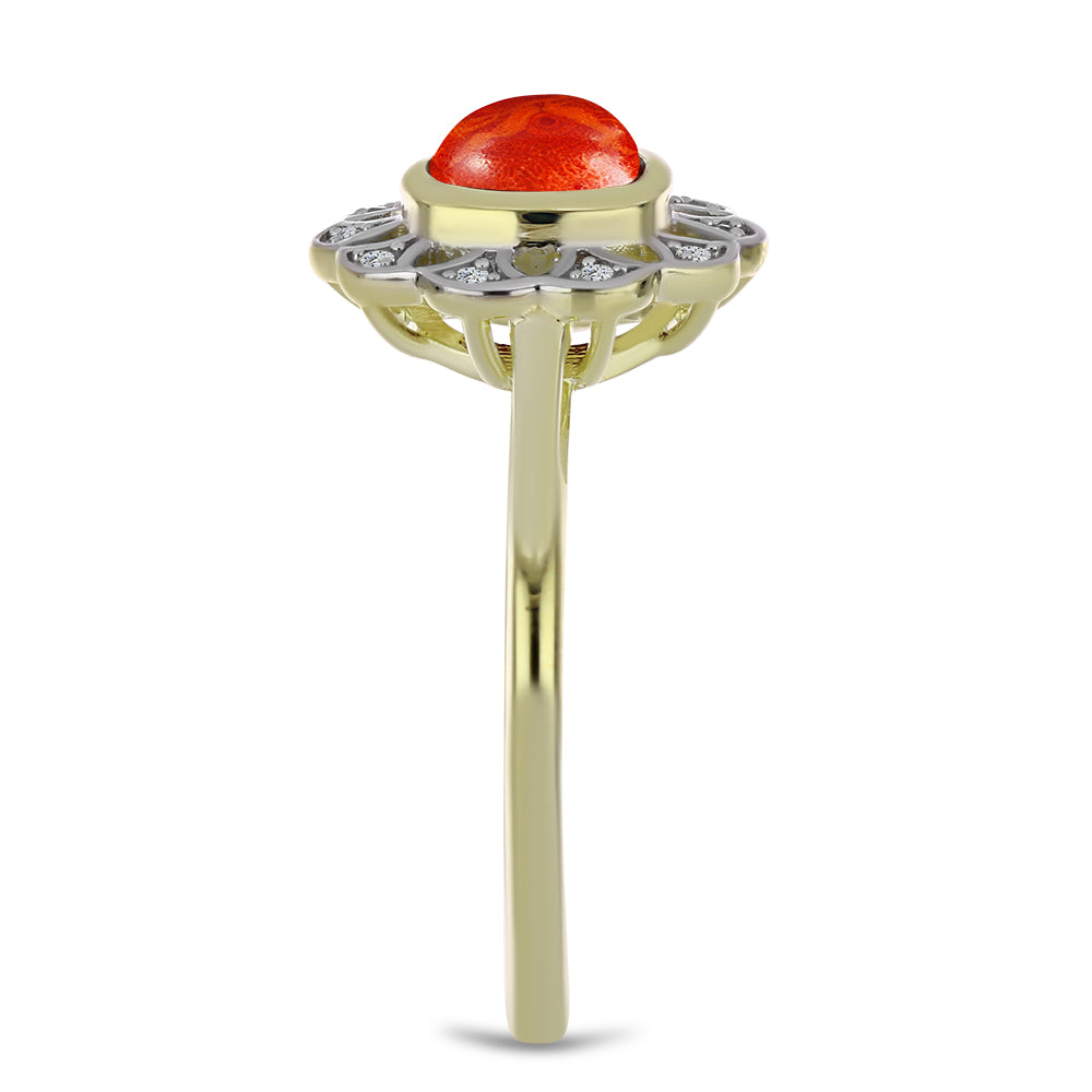Inel din Argint 925 Placat cu Aur ( 2.87 grame ) cu Coral Roșu Burete și Topaz Alb 1.05 Carate