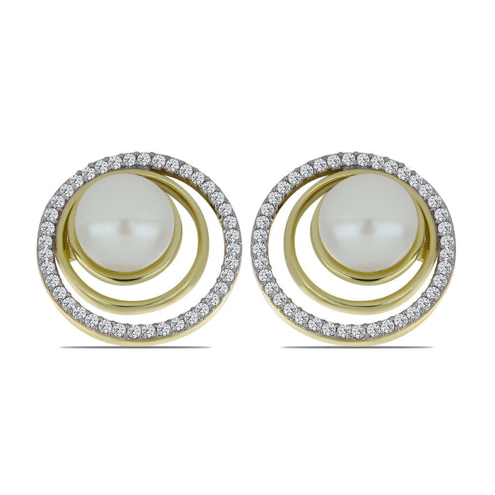 Cercei din Argint 925 Placat cu Aur ( 3.87 grame ) cu Perlă de Apă Dulce Albă și Topaz Alb 6.03 Carate