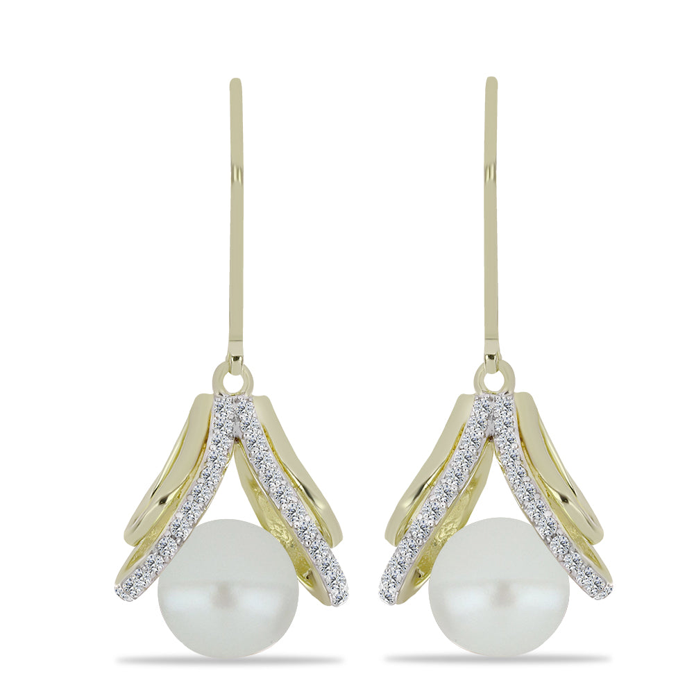 Cercei din Argint 925 Placat cu Aur ( 4.31 grame ) cu Perlă de Apă Dulce Albă și Topaz Alb 6.16 Carate