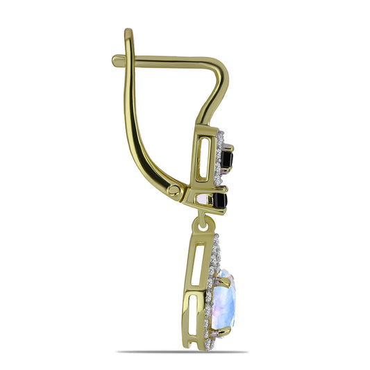 Cercei din Argint 925 Placat cu Aur ( 4.21 grame ) cu Piatra Lunii Curcubeu și Spinel Negru 2.35 Carate