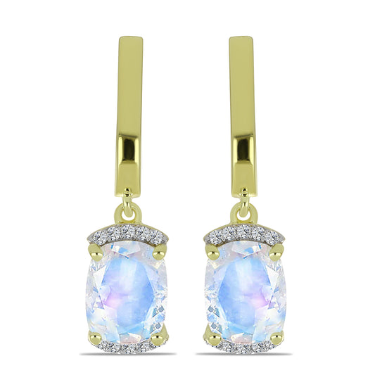 Cercei din Argint 925 Placat cu Aur ( 3.54 grame ) cu Piatra Lunii Curcubeu și Topaz Alb 4.21 Carate