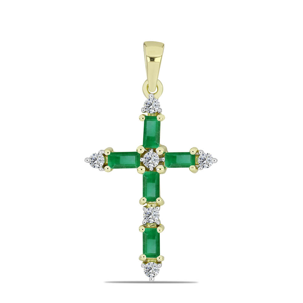 Cruce Pandantiv din Argint 925 Placat cu Aur ( 1.47 grame ) cu Smarald Zambian și Topaz Alb 0.86 Carate 1 