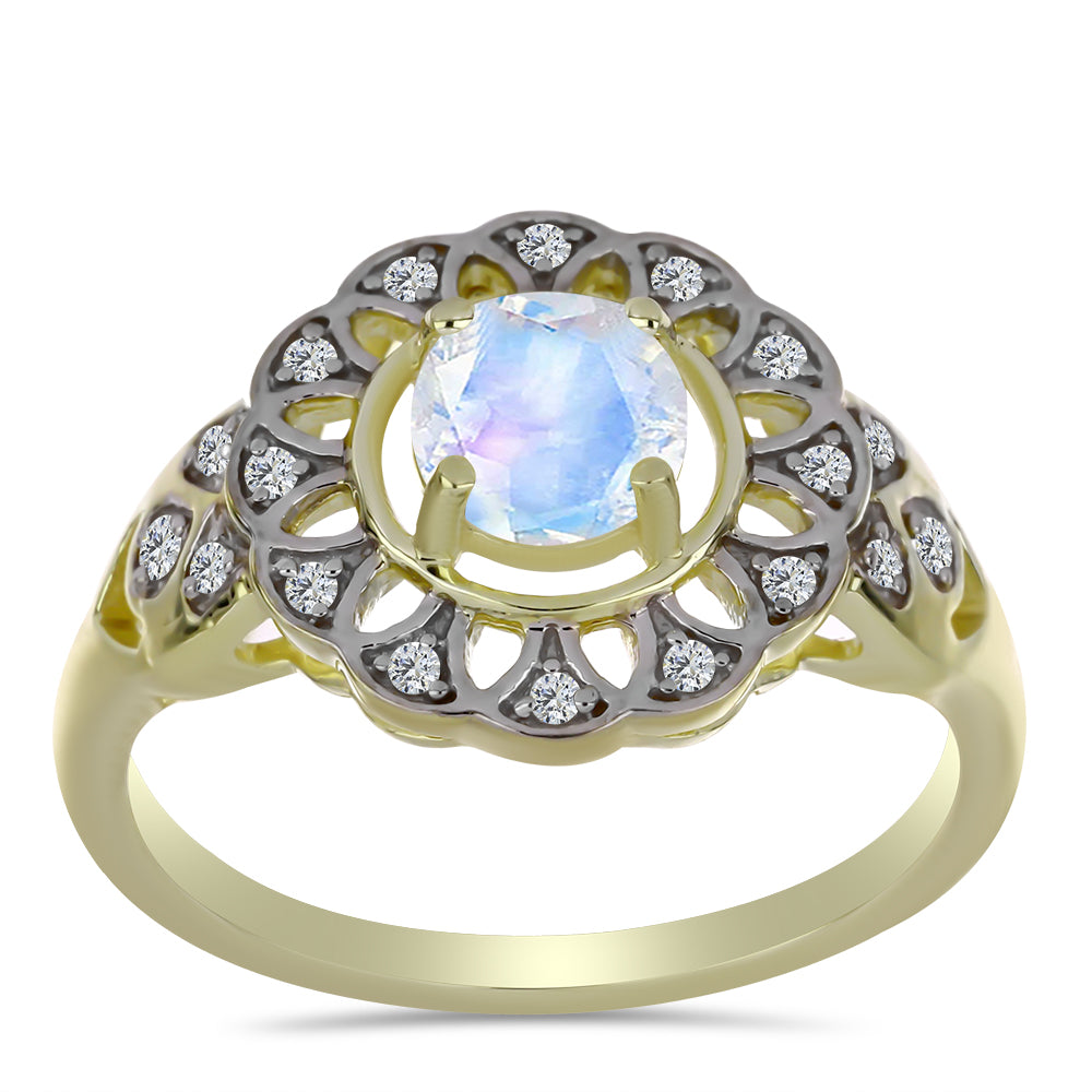 Inel din Argint 925 Placat cu Aur ( 3.19 grame ) cu Piatra Lunii Curcubeu și Topaz Alb 1.02 Carate