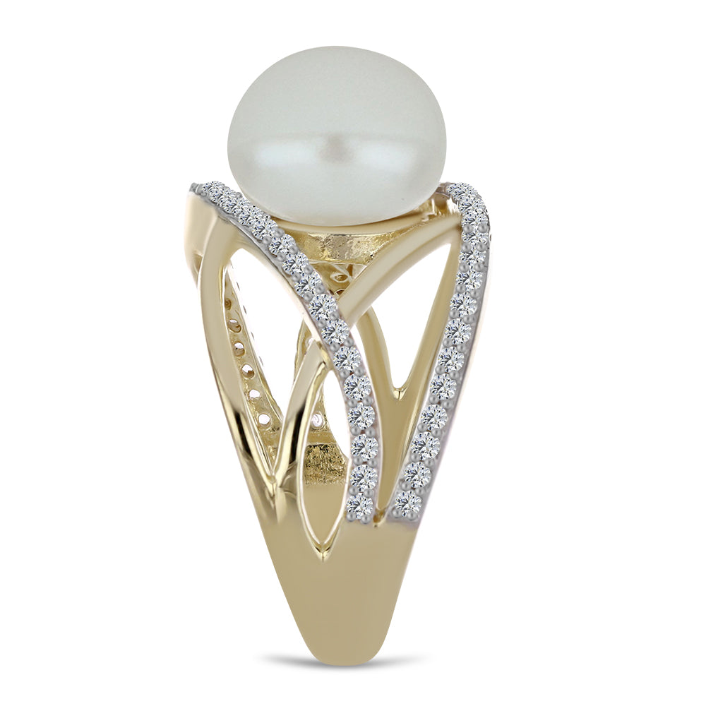 Inel din Argint 925 Placat cu Aur ( 4.58 grame ) cu Perlă de Apă Dulce Albă și Topaz Alb 6.52 Carate 4 