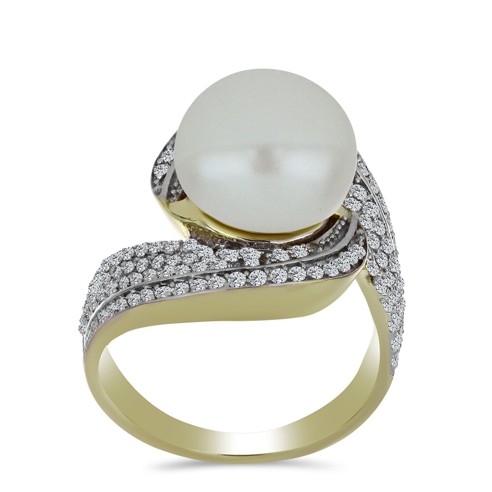 Inel din Argint 925 Placat cu Aur ( 7.04 grame ) cu Perlă de Apă Dulce Albă și Topaz Alb 11.22 Carate 3 