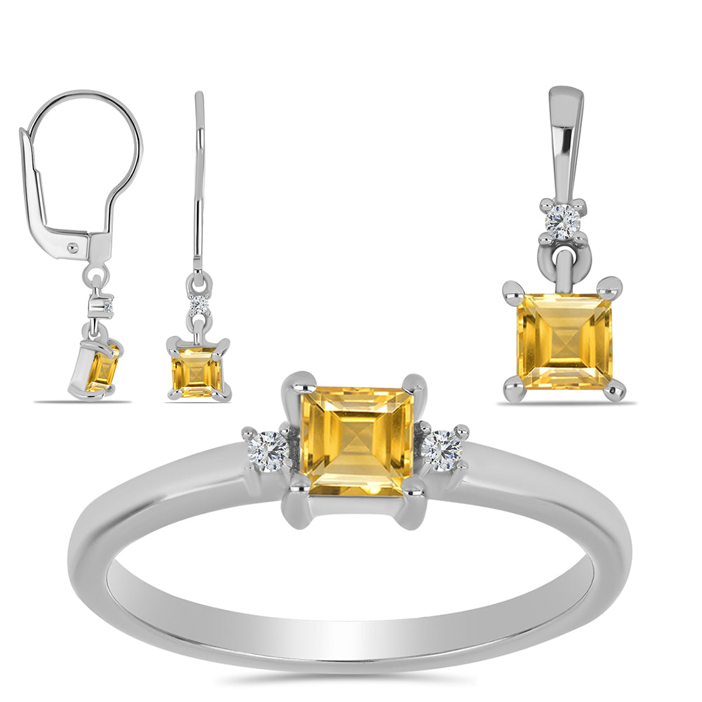 Set din Argint 925 ( 3.4 grame ) cu Citrin Ural și Topaz Alb 1.47 Carate ( Cercei+Inel+Pandantiv ) 1 