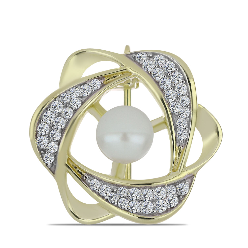 Broşă din Argint 925 Placat cu Aur ( 3.16 grame ) cu Perlă de Apă Dulce Albă și Topaz Alb 1.59 Carate 1 