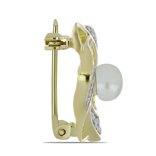 Broşă din Argint 925 Placat cu Aur ( 3.16 grame ) cu Perlă de Apă Dulce Albă și Topaz Alb 1.59 Carate