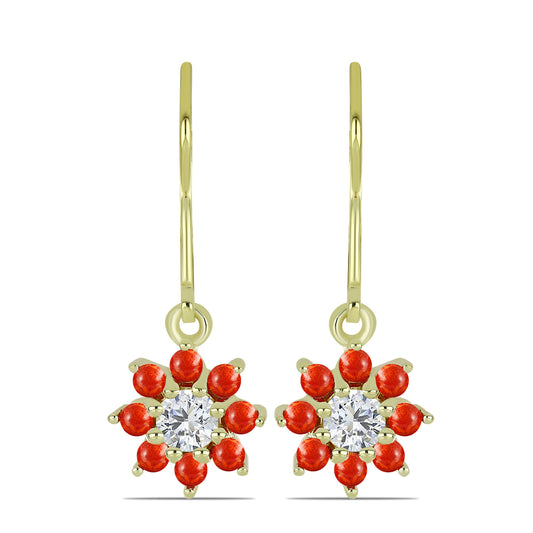 Cercei din Argint 925 Placat cu Aur ( 2.25 grame ) cu Coral Roșu Burete și Topaz Alb 1.25 Carate