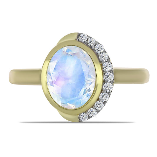 Inel din Argint 925 Placat cu Aur ( 3.61 grame ) cu Piatra Lunii Curcubeu și Topaz Alb 1.87 Carate