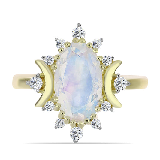 Inel din Argint 925 Placat cu Aur ( 3.1 grame ) cu Piatra Lunii Curcubeu și Topaz Alb 2.83 Carate