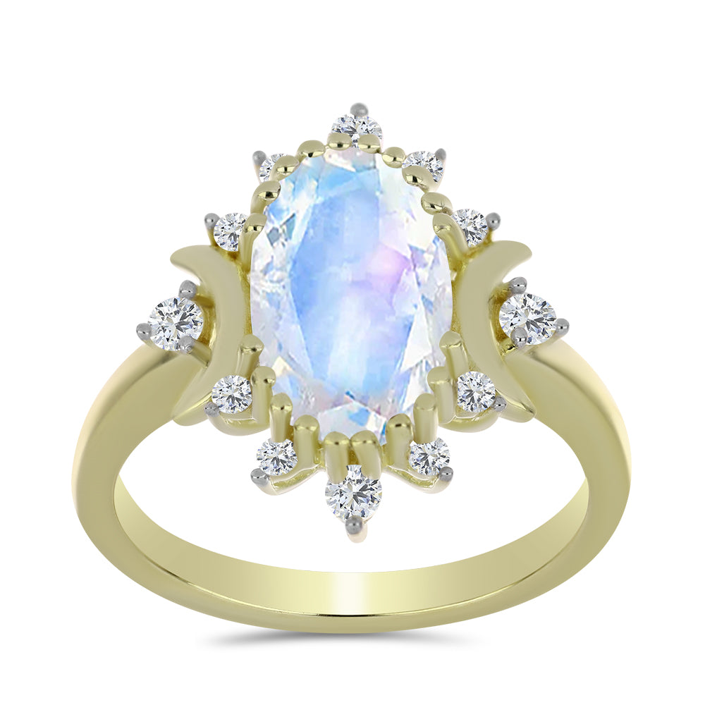 Inel din Argint 925 Placat cu Aur ( 3.1 grame ) cu Piatra Lunii Curcubeu și Topaz Alb 2.83 Carate