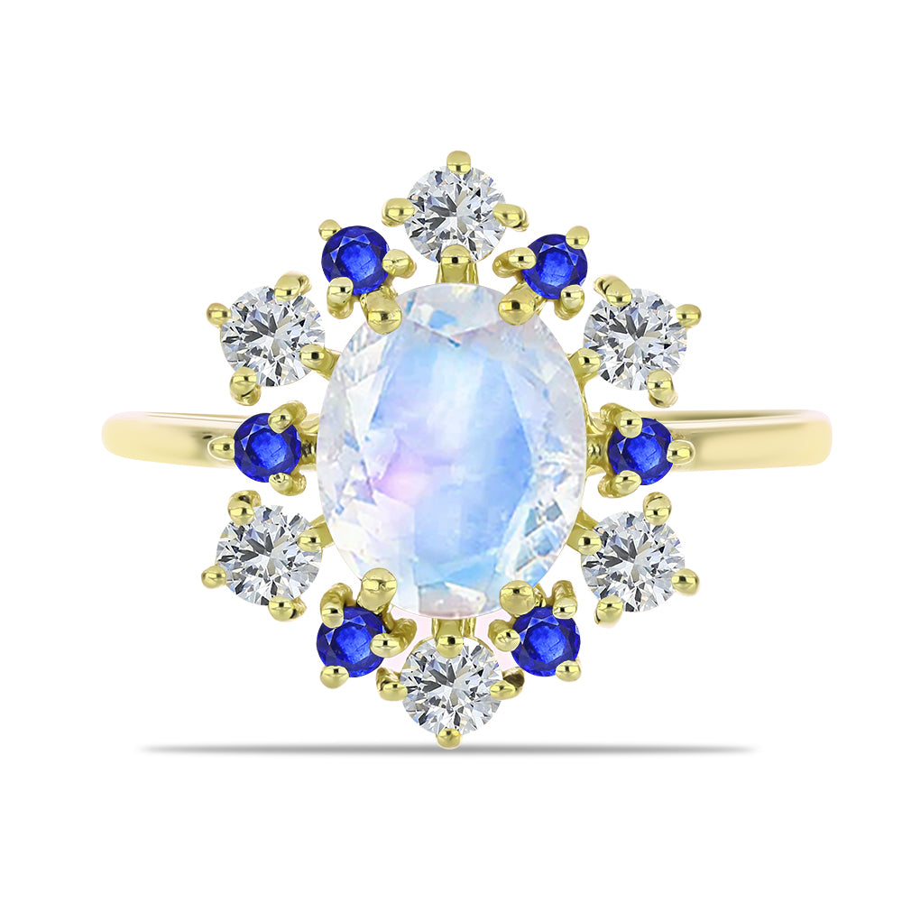 Inel din Argint 925 Placat cu Aur ( 2.69 grame ) cu Piatra Lunii Curcubeu și Safir Albastru Australian 3.53 Carate 1 