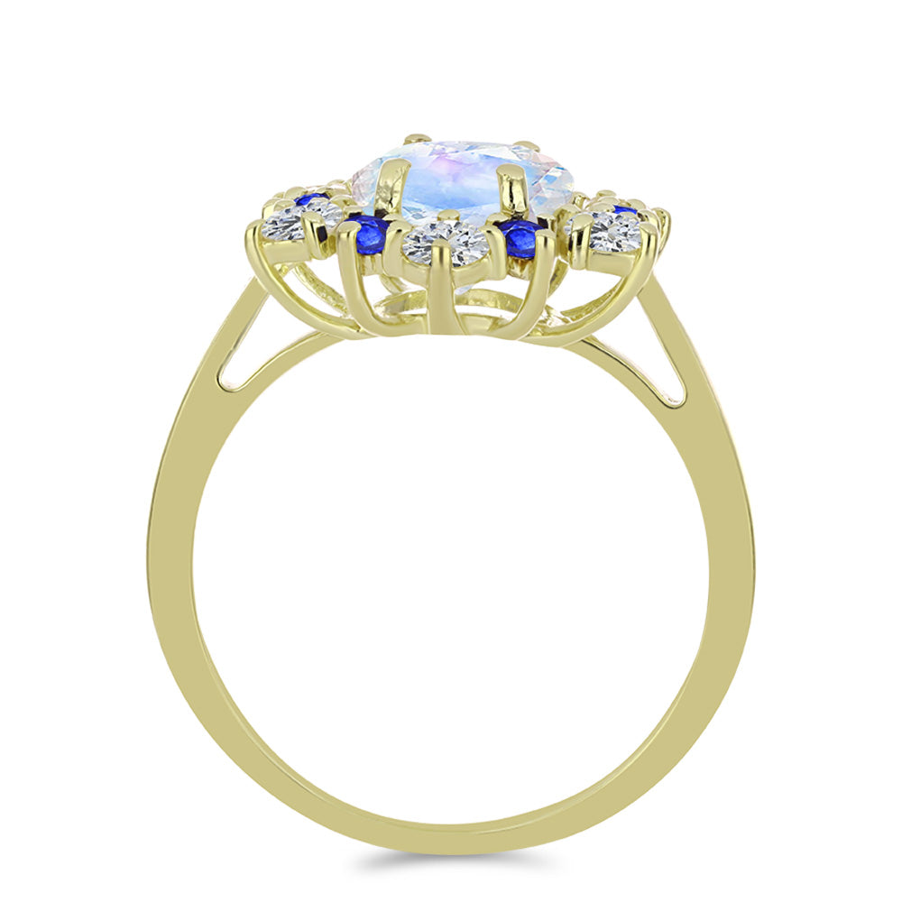 Inel din Argint 925 Placat cu Aur ( 2.69 grame ) cu Piatra Lunii Curcubeu și Safir Albastru Australian 3.53 Carate