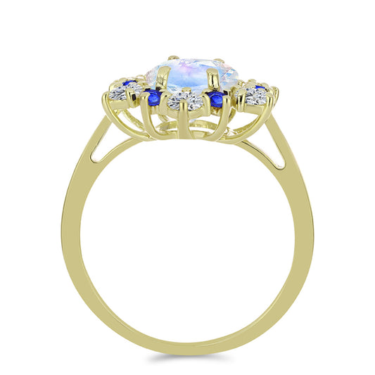 Inel din Argint 925 Placat cu Aur ( 2.69 grame ) cu Piatra Lunii Curcubeu și Safir Albastru Australian 3.53 Carate