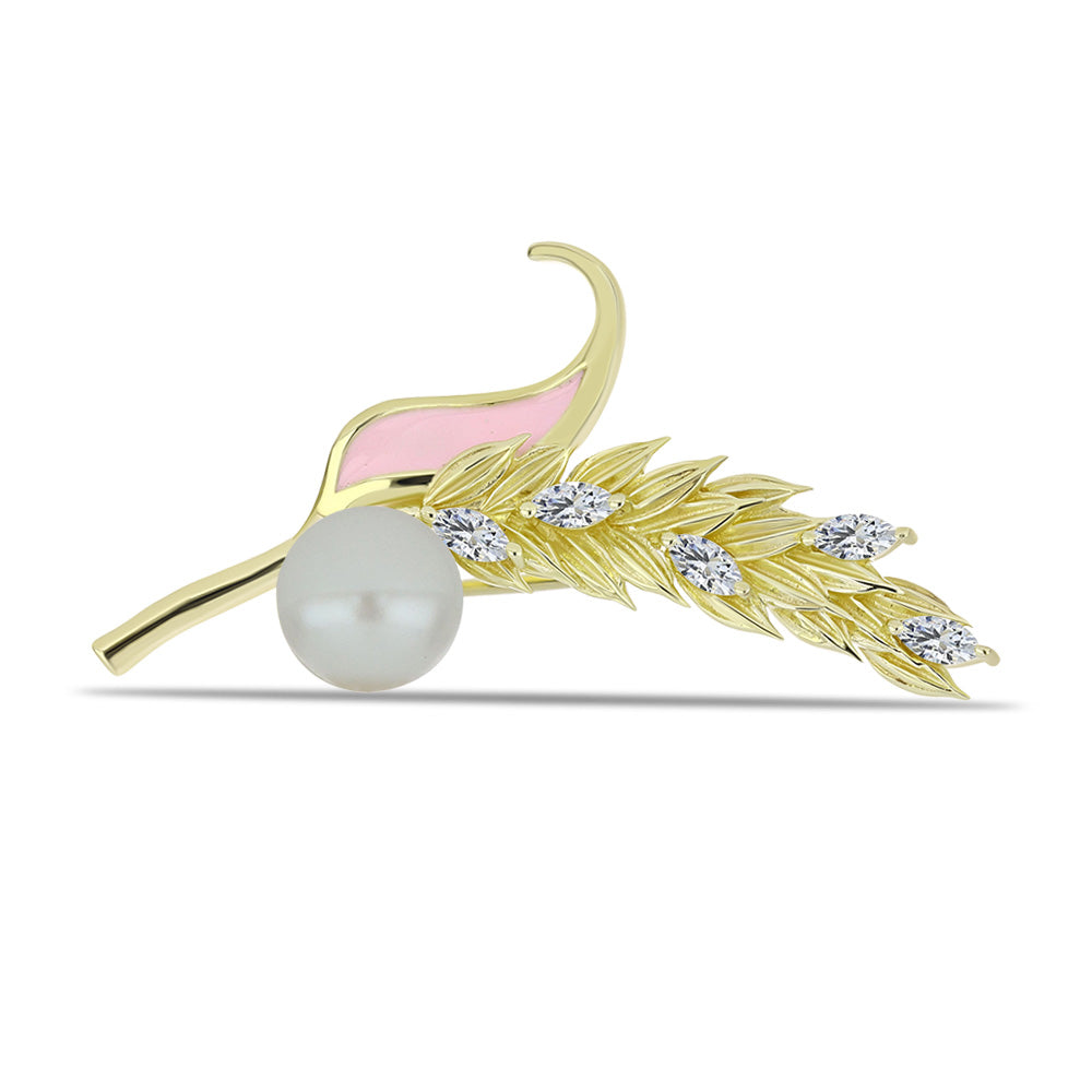 Broşă din Argint 925 Placat cu Aur ( 4.34 grame ) cu Perlă de Apă Dulce Albă și Topaz Alb 3.39 Carate 1 