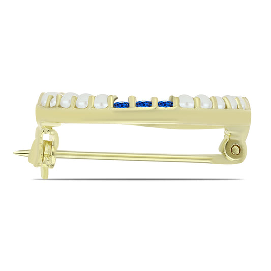 Broşă din Argint 925 Placat cu Aur ( 2.16 grame ) cu Perlă de Apă Dulce Albă și Safir Albastru Australian 1.41 Carate