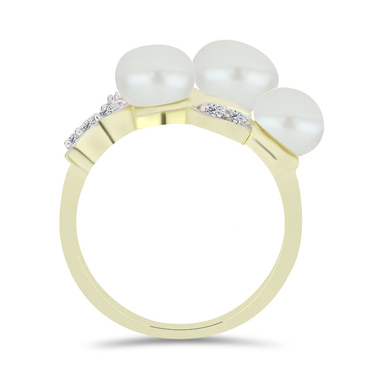 Inel din Argint 925 Placat cu Aur ( 4.35 grame ) cu Perlă de Apă Dulce Albă și Topaz Alb 6.37 Carate