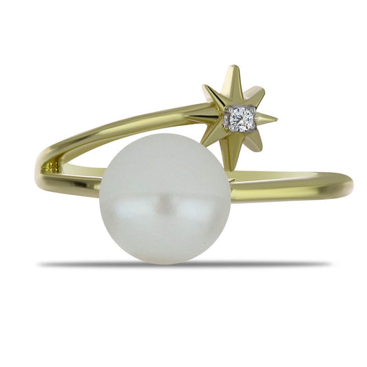 Inel din Argint 925 Placat cu Aur ( 2.65 grame ) cu Perlă de Apă Dulce Albă și Topaz Alb 2.86 Carate