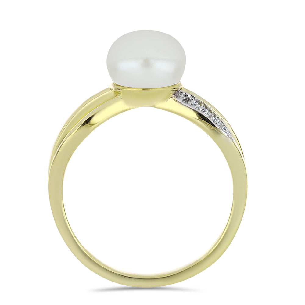 Inel din Argint 925 Placat cu Aur ( 3.17 grame ) cu Perlă de Apă Dulce Albă și Topaz Alb 3 Carate