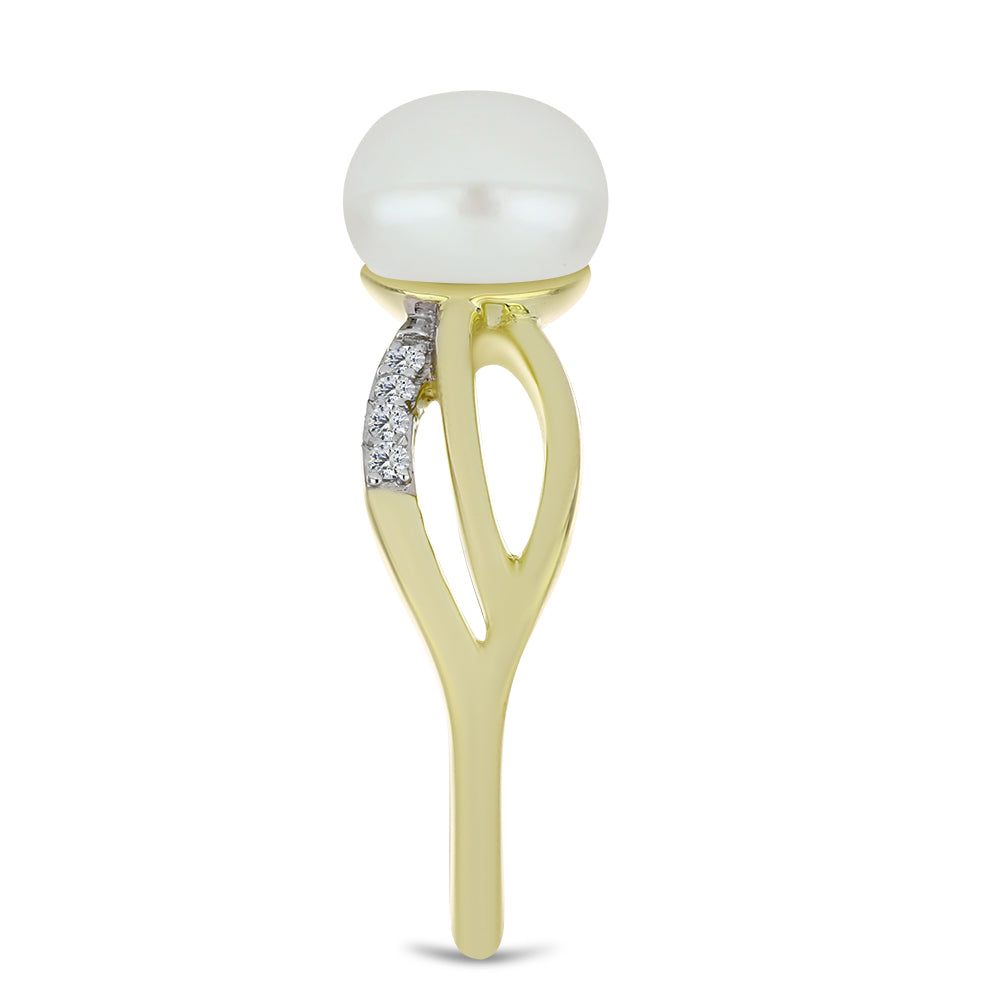 Inel din Argint 925 Placat cu Aur ( 3.17 grame ) cu Perlă de Apă Dulce Albă și Topaz Alb 3 Carate