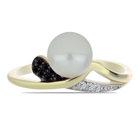 Inel din Argint 925 Placat cu Aur ( 2.64 grame ) cu Perlă de Apă Dulce Albă și Spinel Negru 2.95 Carate