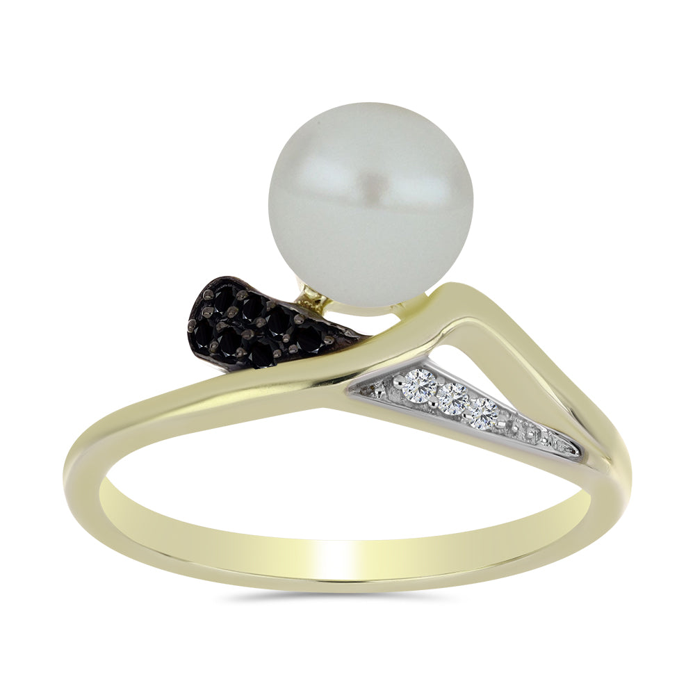 Inel din Argint 925 Placat cu Aur ( 2.64 grame ) cu Perlă de Apă Dulce Albă și Spinel Negru 2.95 Carate