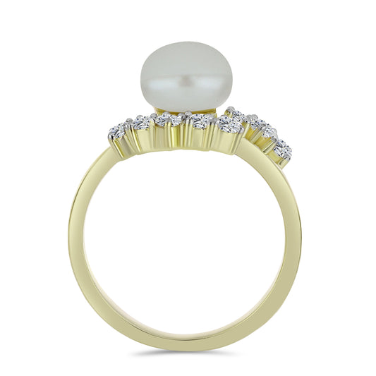 Inel din Argint 925 Placat cu Aur ( 2.71 grame ) cu Perlă de Apă Dulce Albă și Topaz Alb 3.3 Carate
