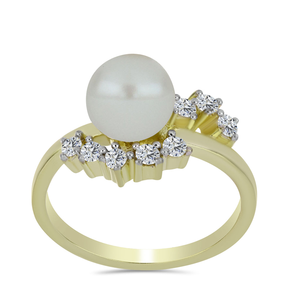 Inel din Argint 925 Placat cu Aur ( 2.71 grame ) cu Perlă de Apă Dulce Albă și Topaz Alb 3.3 Carate
