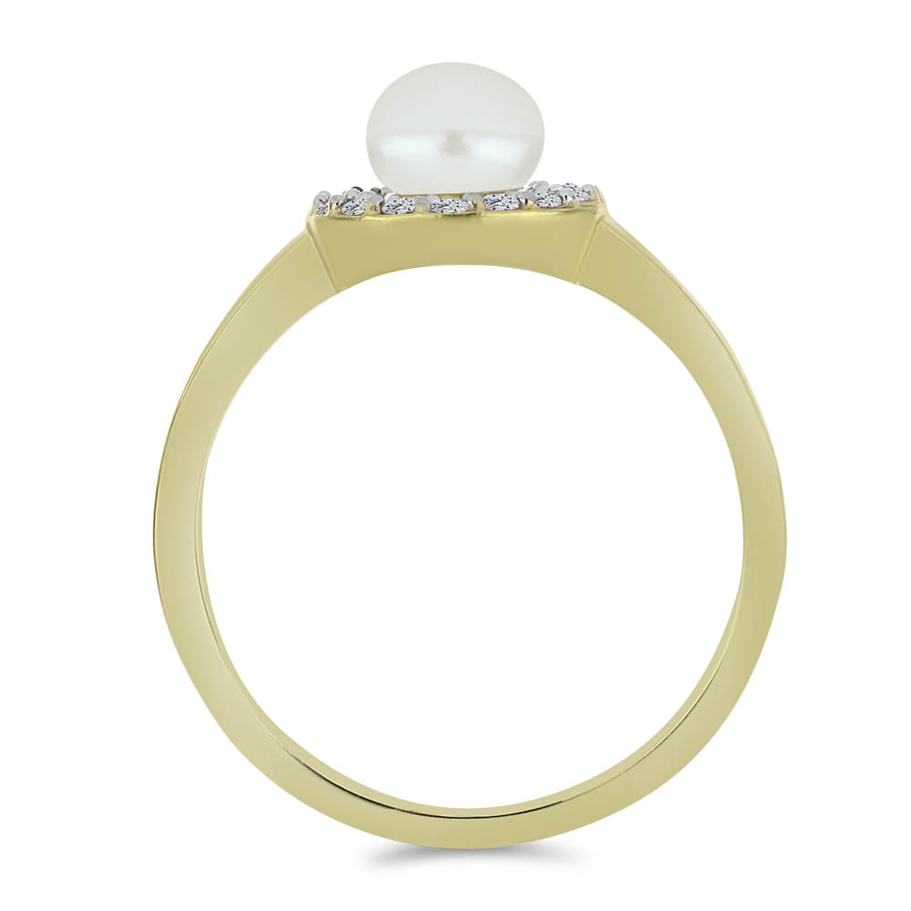 Inel din Argint 925 Placat cu Aur ( 2.55 grame ) cu Perlă de Apă Dulce Albă și Topaz Alb 1.47 Carate